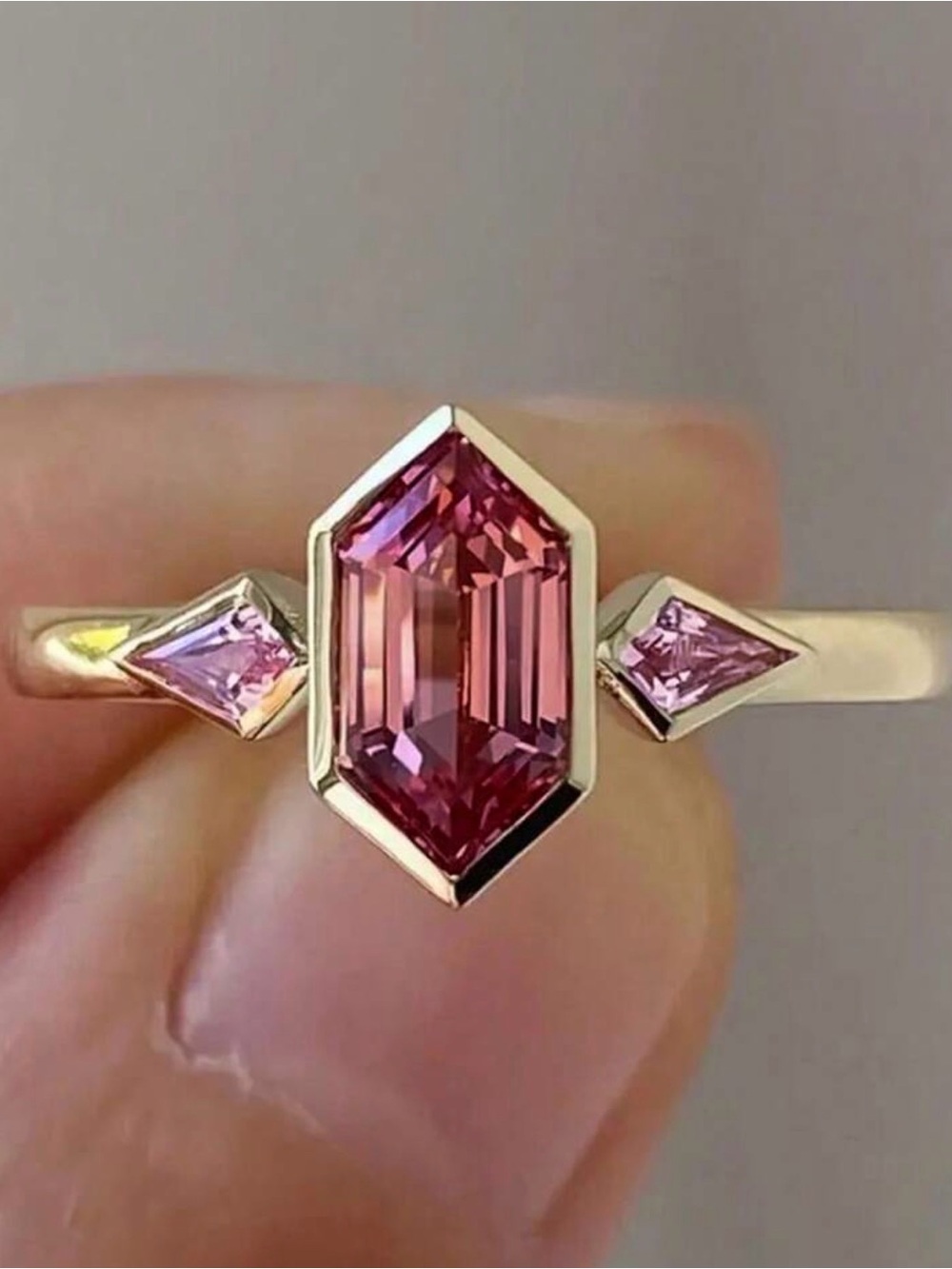 CZ Ring with Pink Hexagonal Center Stone and Pink Side Stones size 7